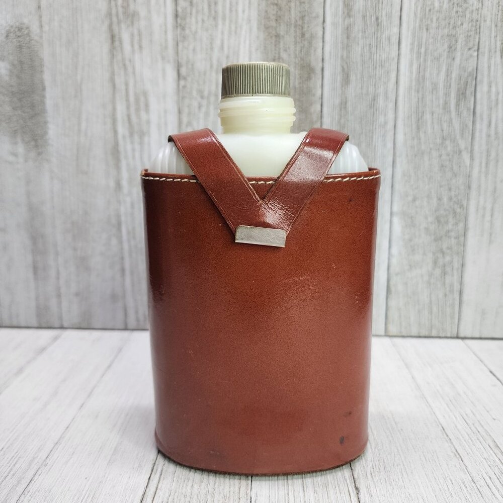 Vintage Flask Plastic Bottle with Hickok Top Grain Cowhide Brown Leather Cover